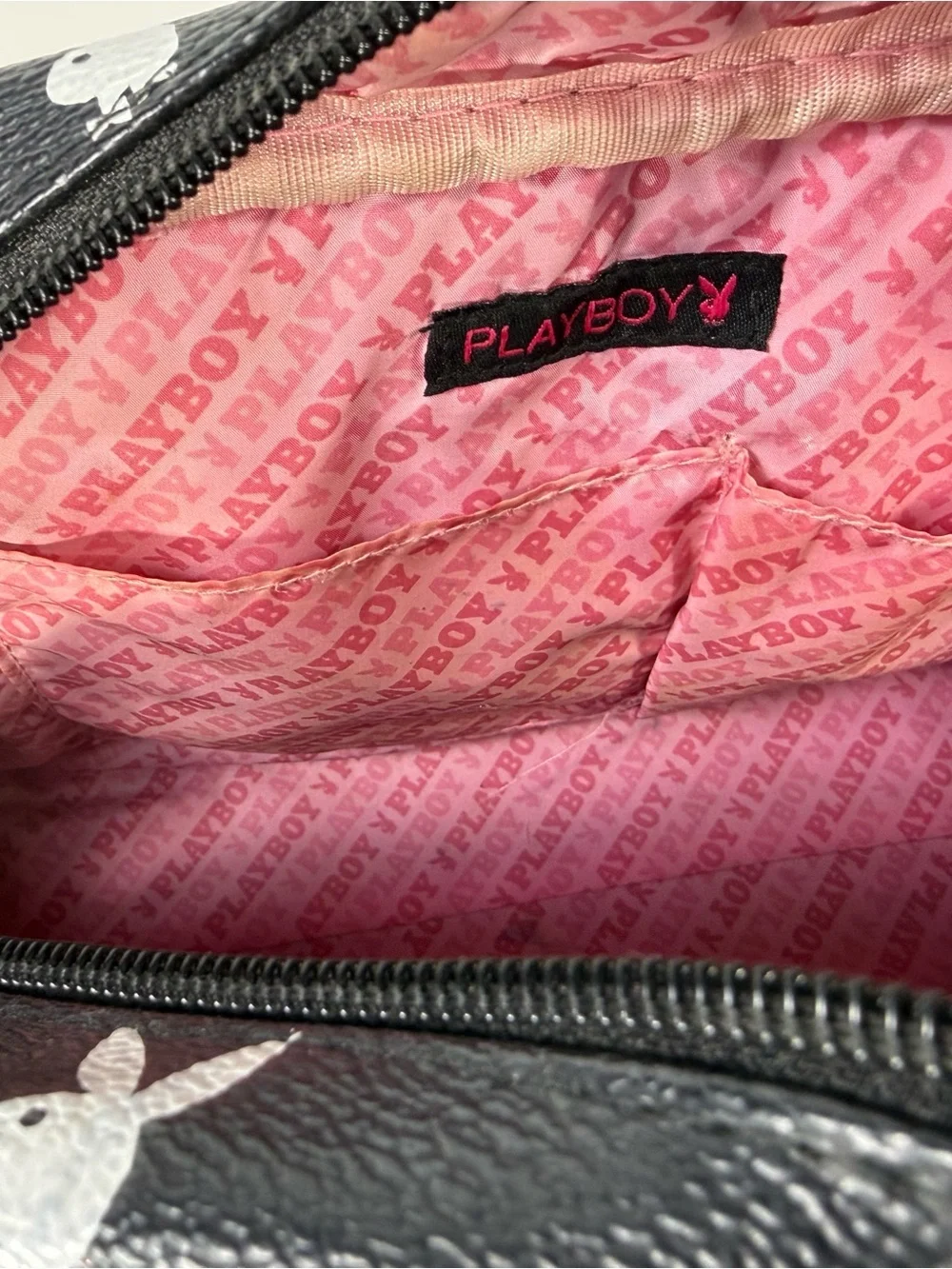 Vtg y2k Playboy Black and Tan Printed Satchel Bag pink interior - Picture 15 of 16